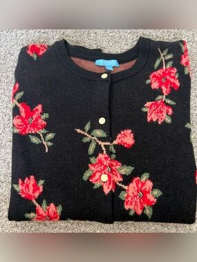 Draper James Black Cardigan with Red Floral Pattern NWT Size Large